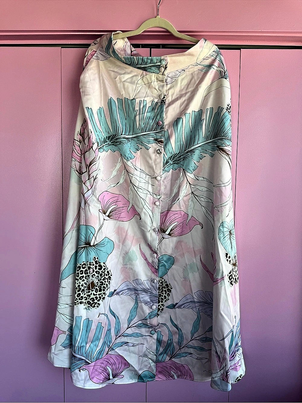 SHEIN X Tropical Palm & Leopard Print Satin Button Front Maxi Skirt L